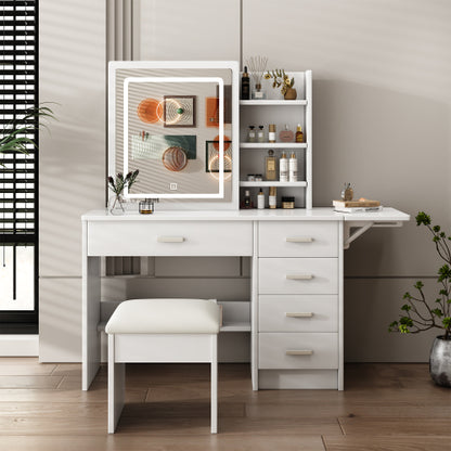 White Vanity Desk with Mirror & Lights, 5 Drawers, Open Shelves & Chair, 3 Color Adjustable LED Lighting
