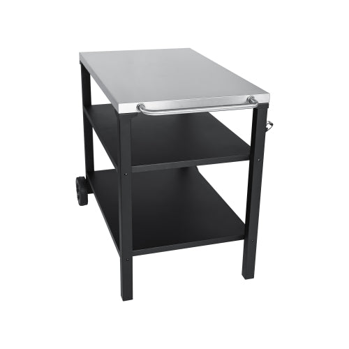 3-Tier Outdoor Grill Cart with Stainless Steel Top, Movable BBQ Prep Table with Wheels, Rolling Serving Bar Cart for Patio, Backyard, Pizza Oven Stand, Black