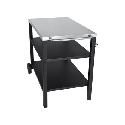 3-Tier Outdoor Grill Cart with Stainless Steel Top, Movable BBQ Prep Table with Wheels, Rolling Serving Bar Cart for Patio, Backyard, Pizza Oven Stand, Black