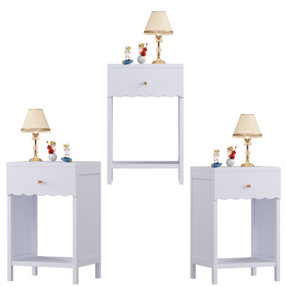 Modern  Nightstand with Drawer and Open Shelf,Scalloped Edge Bedside Table for Bedroom, Cute Minimalist Side Table for Kids Room or Girls' Room,Light Purple