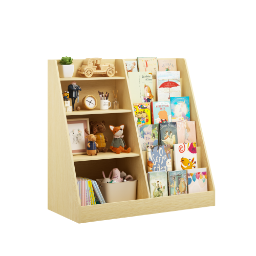 Natural Tone 4-Tier Kids MDF Bookshelf with Anti-Tip Kit, 2-Shelf 1-Bin Nursery Toy Storage Rack