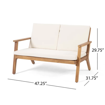 Temecula Outdoor Acacia Wood 4-Seater Chat Set_Loveseat&Coffee Table&2 Club Chairs - Brown Patina Finish + Cream Cushion
