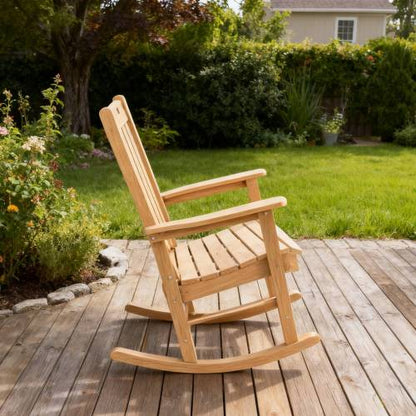 Rocking chair teak color, suitable for all seasons: Outdoor lounge chair, made of sturdy HIPS material, equipped with 304 stainless steel accessories.