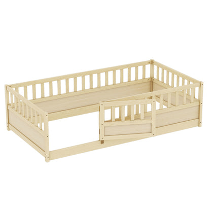 Twin Size Floor bed, integral construction with super high security barrier, door, children's floor bed frame, Montessori wooden children's floor bed,Natural Wood