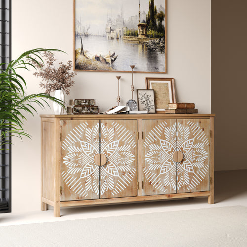 60 Inch Vintage Four-Door Wooden Accent Cabinet Multi-Purpose Buffet Cabinet TV Console For Entryway Living Room