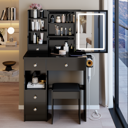 29.2" Small Size Left Drawer Desktop Vanity Table + Cushioned Stool, 2 AC+2 USB Power Station, Hair dryer bracket, Extra Large Touch Control Sliding LED Mirror, Tri-color Switching, Brightness Adjust