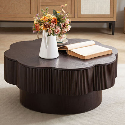 31.5inch  Flower Shaped Coffee Table with Storage Wood Veneer Dark Brown