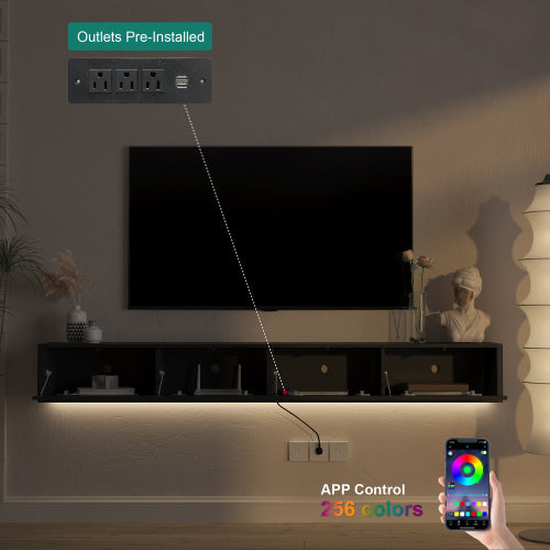 Wall Mount Floating High Gloss TV Cabinet with 16 Color LED Lights & Power Outlet for Living Room