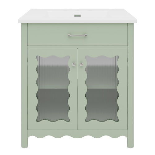 31" Bathroom Vanity with Tempered Glass, Modern Bathroom Cabinet with Rubber Wood legs and Soft close Doors, Green