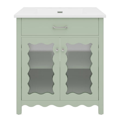 31" Bathroom Vanity with Tempered Glass, Modern Bathroom Cabinet with Rubber Wood legs and Soft close Doors, Green
