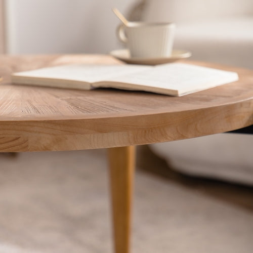 36.22inch  Round Radial Grain Coffee Table, Solid Wood & MDF with Black Metal Accent Legs