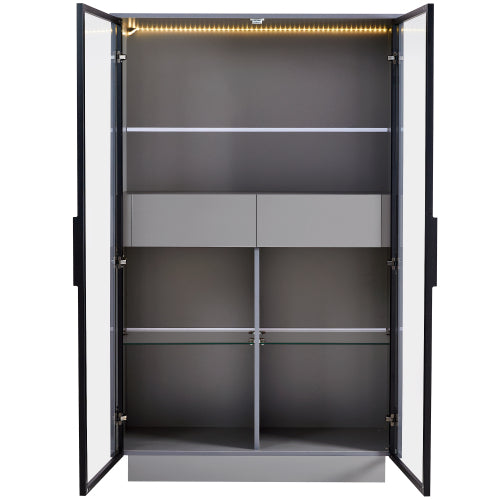60.6'' Freestanding Grey Glass Door Display Cabinet LED Light Adjustable Shelves Home Storage Cabinet