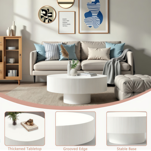 White Round Fluted Pedestal Coffee Table, Mid-Century Modern