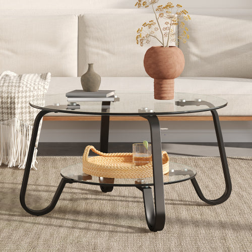 31.5 Inch Retro Double-Layer Tempered Glass Coffee Table, Metal Frame Compact Accent Table for Home Office