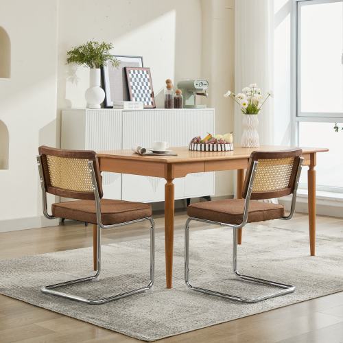 Set of 2 Coffee Cane Back Cantilever Dining Chairs, Linen Upholstered Chrome Double Steel Pipe Base 360 LBS Capacity
