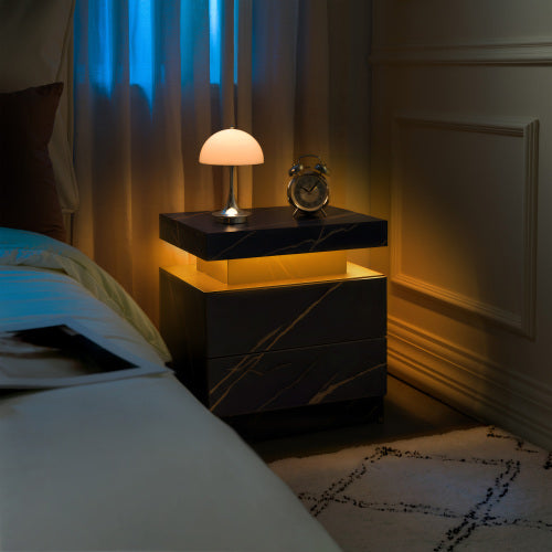Nightstand LED Bedside Table Cabinet Lights Modern End Side with 2 Drawers for Bedroom (Black Gold)