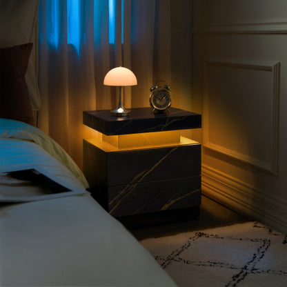 Nightstand LED Bedside Table Cabinet Lights Modern End Side with 2 Drawers for Bedroom (Black Gold)