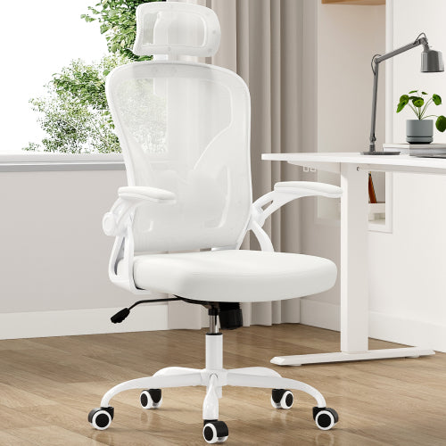 Ergonomic Office Chair, Home Office Desk Chair with Headrest, High Back Computer Chair with Armrests and Adjustable Lumbar Support for Home Office Study Room,White & White