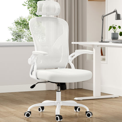 Ergonomic Office Chair, Home Office Desk Chair with Headrest, High Back Computer Chair with Armrests and Adjustable Lumbar Support for Home Office Study Room,White & White