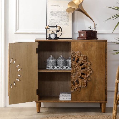 Rustic Hand-Carved Floral 2-Door Wooden Cabinet Bohemian Style Solid Wood Leg Storage Sideboard For Home Decor