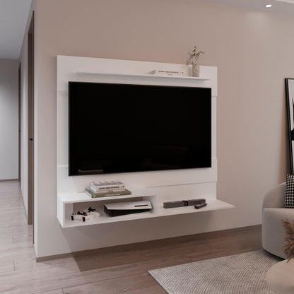 White Floating Entertainment Center with TV Space and Shelves