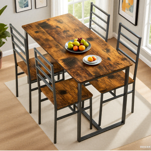 5-Piece Modern Dining Table Set with Metal Frame and MDF Chairs, Industrial Kitchen Furniture Set for 4