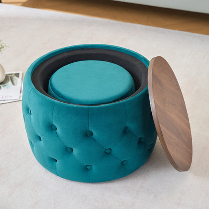 Blue 2-Piece Velvet Nesting Storage Ottoman Set, 4-in-1 Round Foot Stool with Wooden Tray, Ready to Use