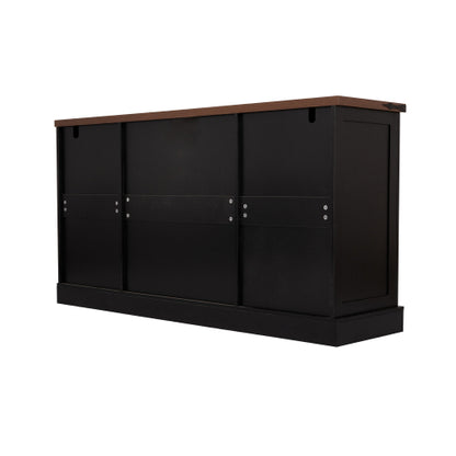 63 inch Farmhouse Barn Door Storage Cabinet with 2 Drawers & Door Rack, Large Buffet Table Coffee Bar Cabinets with Adjustable Shelves for Kitchen, Living Room, Entryway, Dining Room, Black