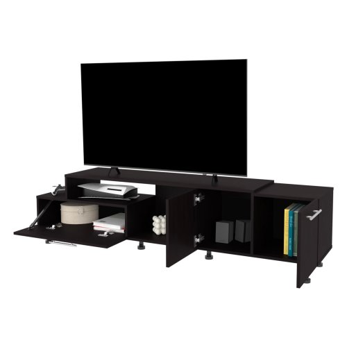 69.3 Inch Wengue Finish Entertainment Center with Open Shelves & Dual Side Storage Cabinets