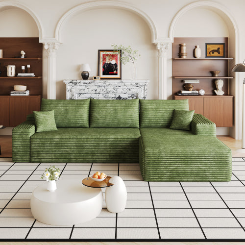107 inch  Green Plush Corduroy L-Shape Chaise Cloud Modular Sofa, No Assembly