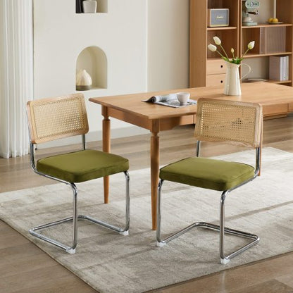 Mid Century Modern Dining Chairs Set of 2, Velvet Accent Chairs with Natural Cane Back and Stainless Chrome Base, Olive Green