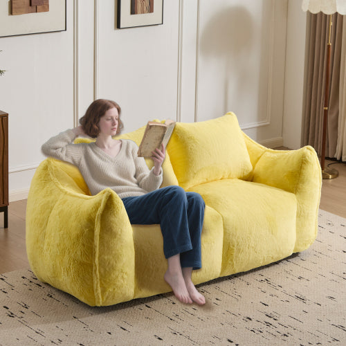 Yellow Oversized 2-Seater Fluffy Rabbit-Fabric Bean Bag Sofa with Pillows