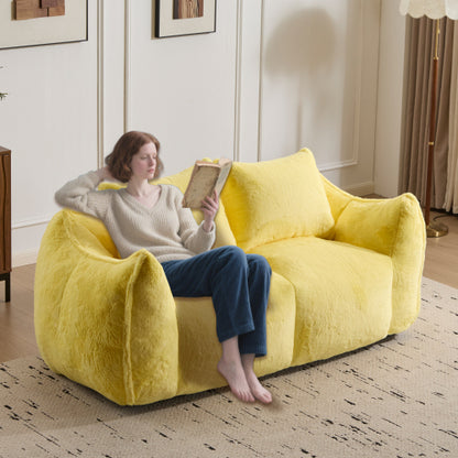 Yellow Oversized 2-Seater Fluffy Rabbit-Fabric Bean Bag Sofa with Pillows