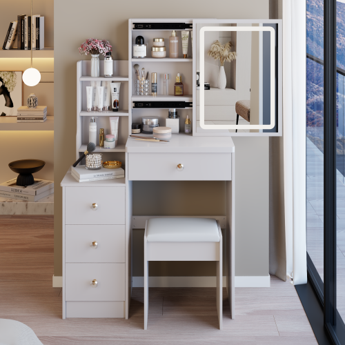 29.2inch  Small Size Left Bedside Cabinet LED Mirror Vanity Table + Cushioned Stool, Large Sliding, Touch Control, 3-color Switch, Brightness Adjust Mirror, High Capacity Storage, EPA, GCC, UL Certificate