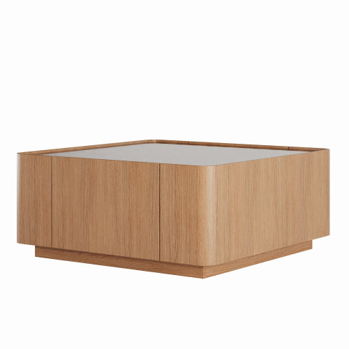 Square Glass Coffee Table Walnut Frame Storage Drawers Modern Living Room Table