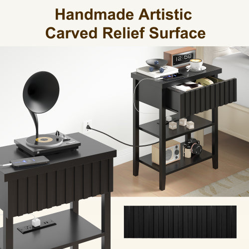 Black Fluted Nightstand with Charging Station