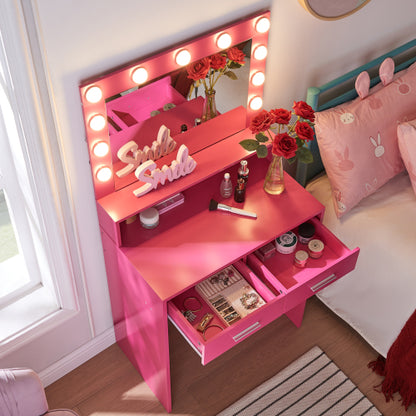 Rose Pink Vanity Desk with Mirror & Lights, 11 LED Bulbs, 2 Large Drawers, 2-Level Storage, 3 Lighting Modes