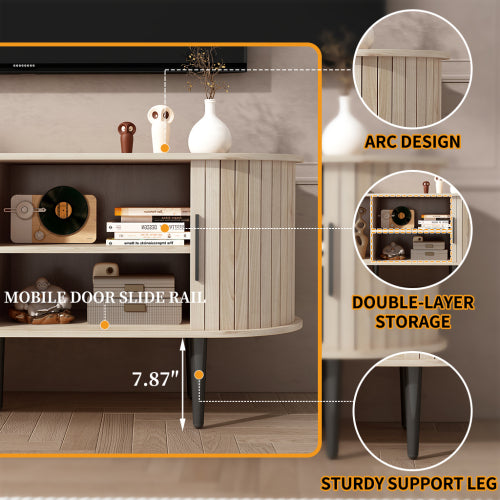 47 Inch Modern TV Stand with Sliding Door Storage Cabinet Natural Wood