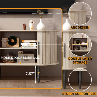 47 Inch Modern TV Stand with Sliding Door Storage Cabinet Natural Wood