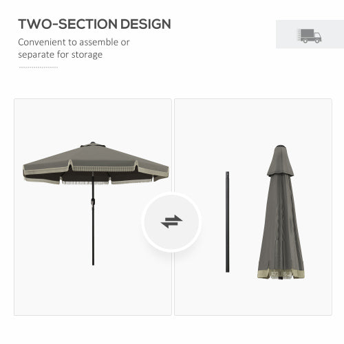 9ft Patio Umbrella with Push Button Tilt and Crank, Ruffled Outdoor Market Table Umbrella with Tassles and 8 Ribs, for Garden, Deck, Pool, Dark Gray