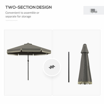 9ft Patio Umbrella with Push Button Tilt and Crank, Ruffled Outdoor Market Table Umbrella with Tassles and 8 Ribs, for Garden, Deck, Pool, Dark Gray
