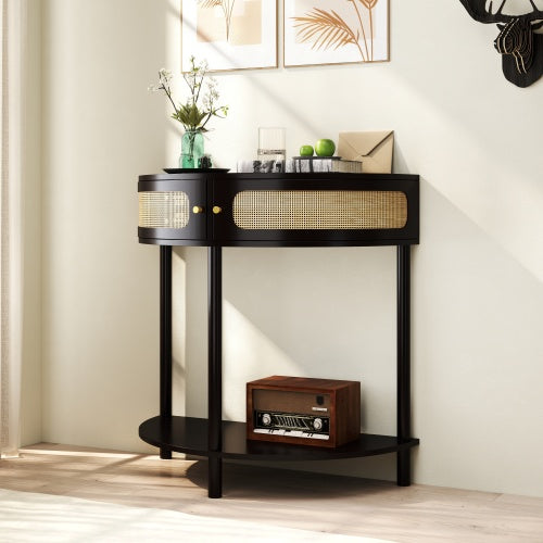 Half Moon Console Table Rattan Sliding Door Storage Entryway Cabinet Black Boho Accent