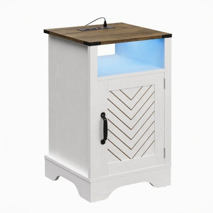 LED Nightstand with Charging Station, White & Rustic Oak Farmhouse Bedside Table 16inch x 16inch x 25inch