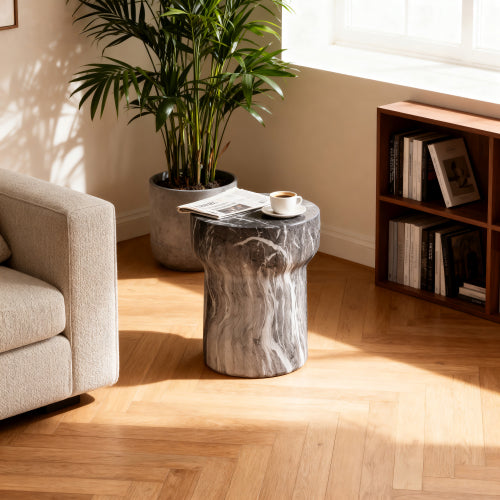 Cement Outdoor End Tables for Patio, GardenAccent Table Faux Terrazzo Accent Table, Modern Small Round Side Tablefor Outside, Tree Stump Garden Stool DrumTable indoor and Outdoor