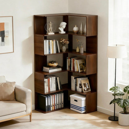 66-Inch 6-Tier Corner Bookshelf L-Shaped Open Storage Walnut