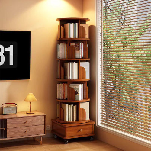 Rotating Bookshelf, 360 Display Corner Bookshelf for Small Space, 6 Tier Bookcase Storage Rack with Wheels, Wood Narrow Organizer for Bedroom, Living Room, Study Room, Walnut Brown