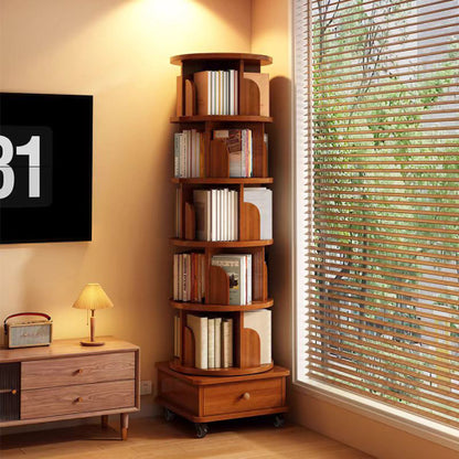Rotating Bookshelf, 360 Display Corner Bookshelf for Small Space, 6 Tier Bookcase Storage Rack with Wheels, Wood Narrow Organizer for Bedroom, Living Room, Study Room, Walnut Brown