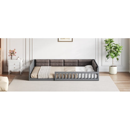 Wood Full Size Upholstered Platform Bed with Guardrail and Pillow, Gray