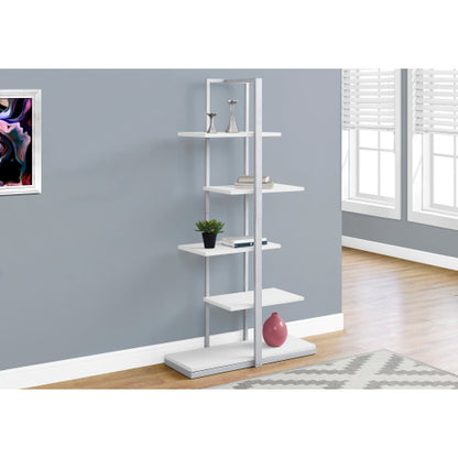 5 Tier Bookshelf 60inch H White Laminate Grey Metal Contemporary Modern Bookcase Office