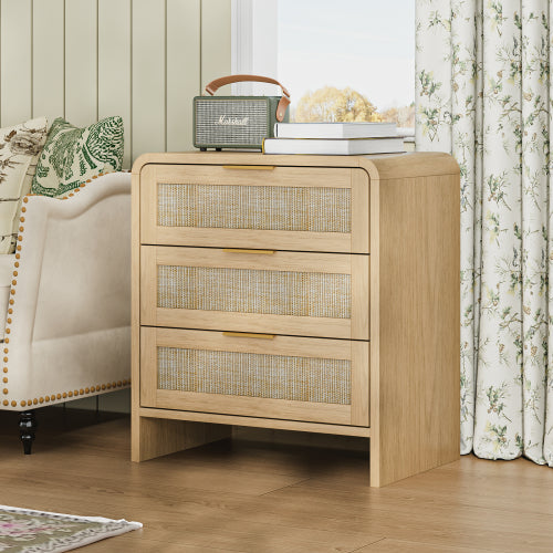 Rattan Nightstand 3 Drawers, 22.8inch  Wide Curved Wooden Bedside Table, Modern Storage for Bedroom, Natural Oak.